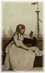 From the Gallery of Fashion, October 1795. This is a costume suitable for a Watering Place (such as Brighton or Lyme). Note that she wears two shawls. One muslin the other dark...wool?